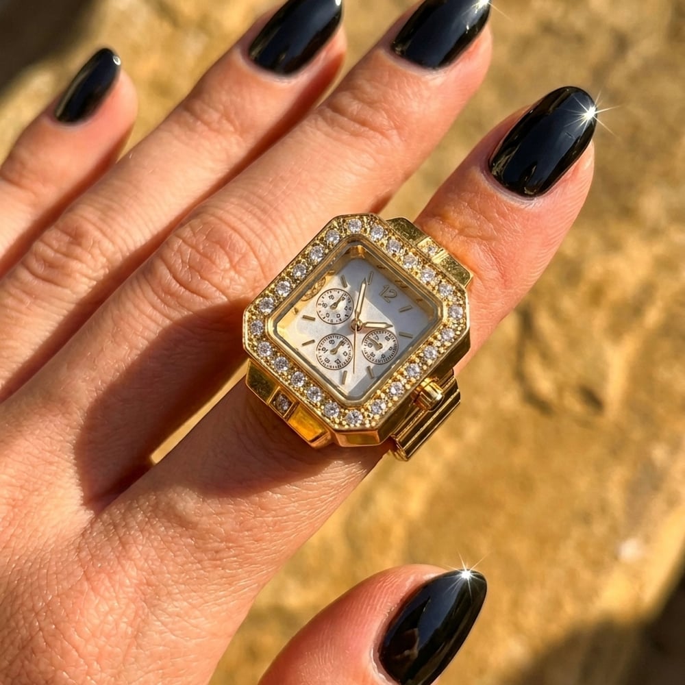 Handmade Stainless Steel 18K Gold Studded Ring Watch